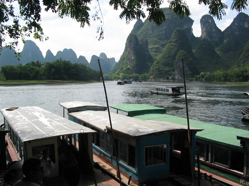 Tourist boats at Xingping Wharf, Li River near Yangshuo
