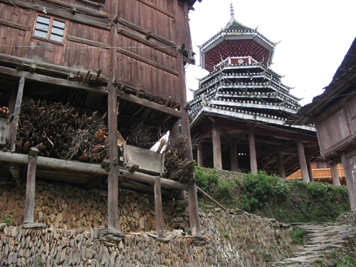 Large house sited on a steep hilside, Zhaoxing village area