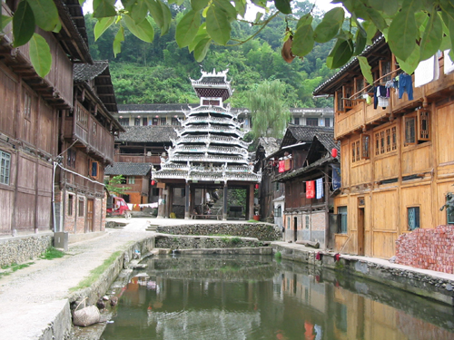 Drum tower and an ecological village pond, Zhaoxing