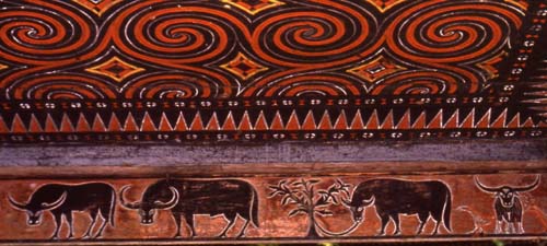 Buffalo carvings on a Toraja house